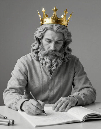 King with a crown on his head writes in a notebook on a gray background