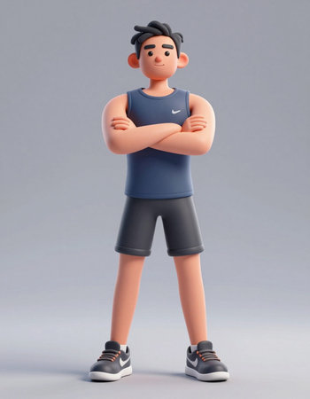 3d illustration of a cartoon character in sportswear with arms crossed