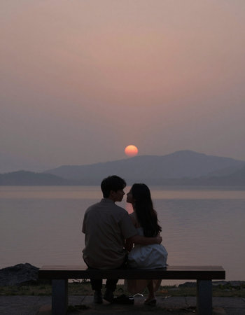 Silhouette of a young couple sitting on a bench at sunset