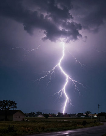 A lightning bolt strikes in the night sky over a rural area.