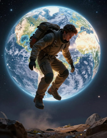 Astronaut in outer space against the background of the planet Earth