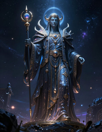 Statue of the Virgin Mary in the night starry sky.