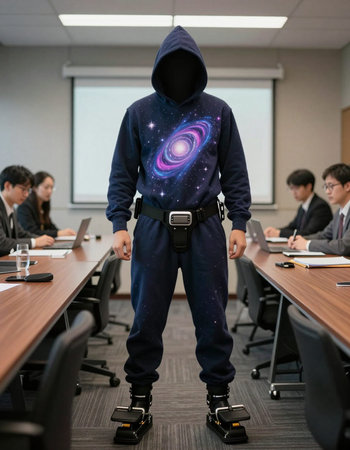 A man dressed in a hooded sweatshirt standing in front of a group of business people