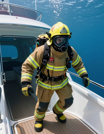 Fireman on the deck of a boat in the Red Sea.
