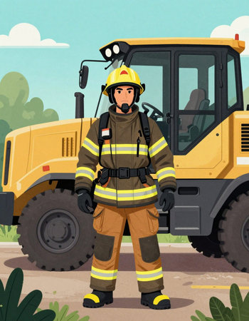 Fireman in uniform standing near the fire truck. Vector illustration.
