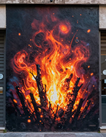 Flaming fire on the wall of a building in Paris, France