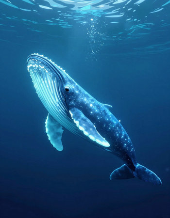 Humpback whale swimming in the deep blue water of the ocean