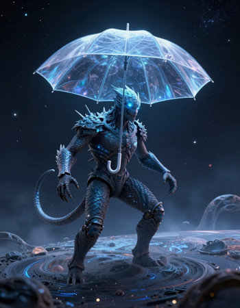 Fantasy alien creature with umbrella. 3D illustration. Fantasy.