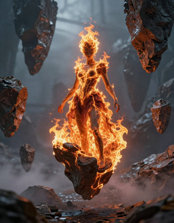 Flaming woman in the forest. 3D rendering. Fantasy.