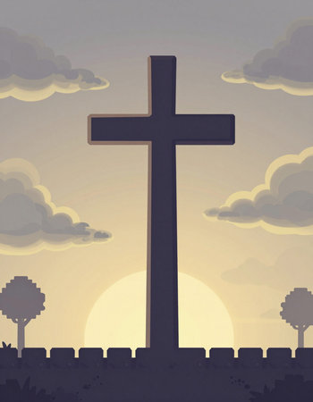 Christian cross in the sky with clouds at sunset. Vector illustration.
