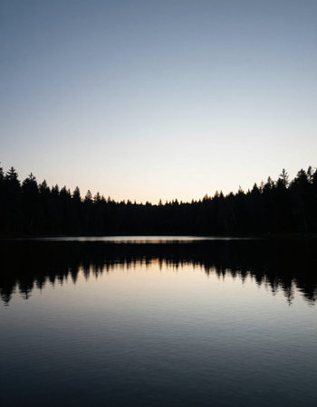 Sunset over a lake with trees on the side and reflection in the water
