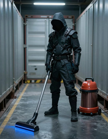 Man in black protective suit with a vacuum cleaner in the warehouse.
