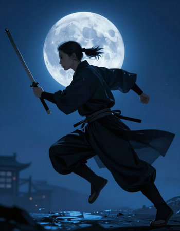 Woman in kimono with sword in front of the full moon