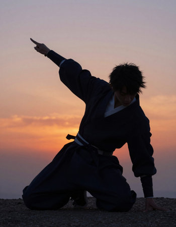 Taekwondo fighter in kimono on sunset sky background