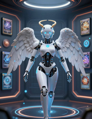 3D rendering of a female robot with wings on a futuristic background