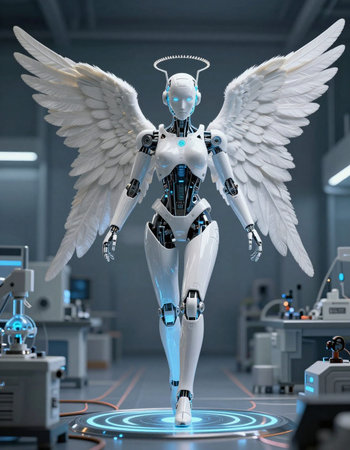 3d rendering of a female robot with angel wings in the background