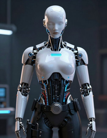 3D rendering of a female robot in a modern science fiction laboratory