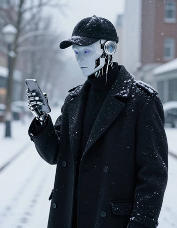 A figure in a black coat and cap with a phone in their hand on the street