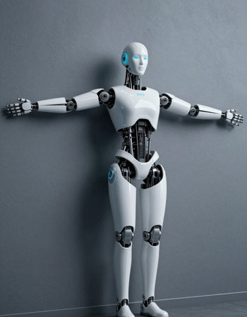 3d rendering humanoid robot with arms outstretched on grey wall background