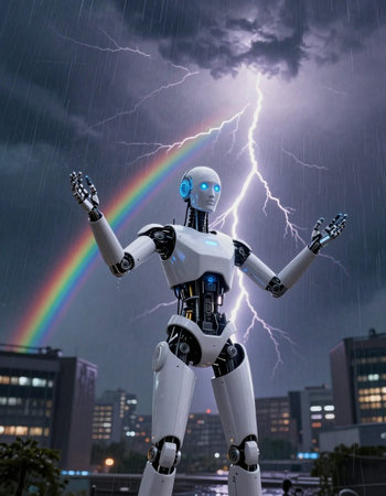 Robot in rain with rainbow and lightning. 3d rendering.