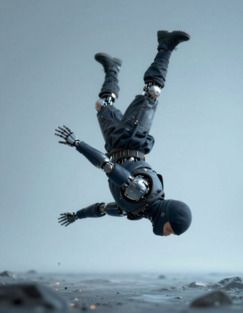 Astronaut in space suit and helmet flying in the sky. Mixed media