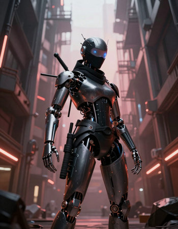 3D rendering of a female robot with a sword in her hand