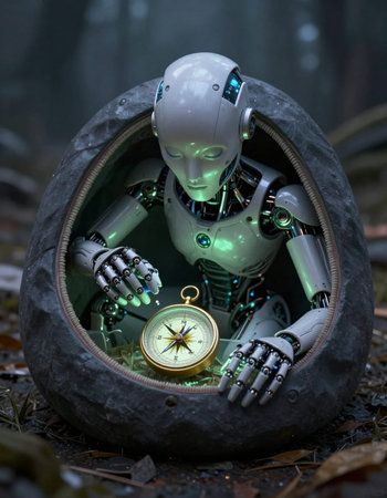 Robot with a compass in the forest. 3D rendering.