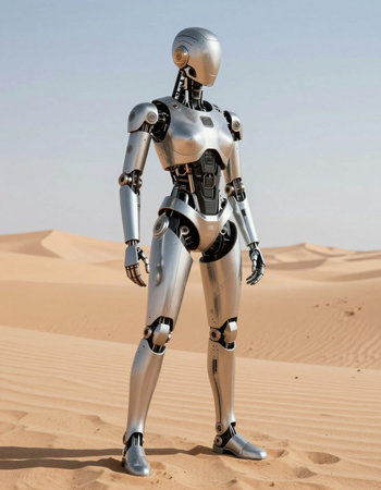 Robot in the desert of Dubai, UAE. 3d rendering