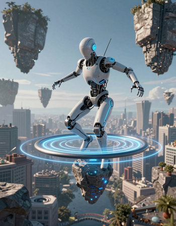 Robot on a background of the city. 3D rendering.の写真素材