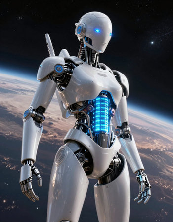 Robot in space against the background of the planet. 3D rendering