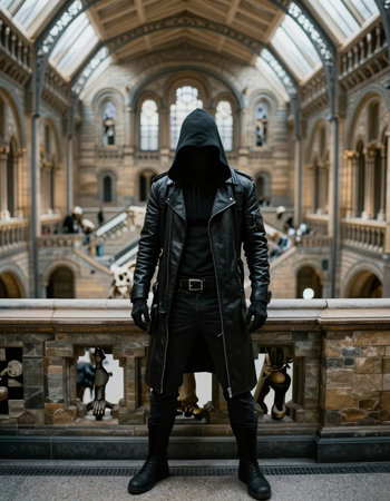 Hooded man in a black leather jacket on the background of an old building