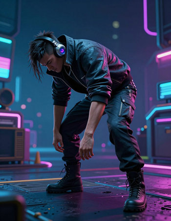 Portrait of a young man with headphones listening to music in a nightclubの写真素材