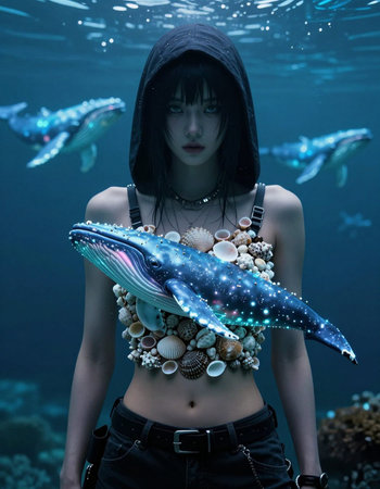 Portrait of a beautiful mermaid with big blue whale and seashells
