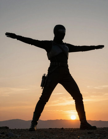 Soldier with arms outstretched in the desert at sunset, silhouette