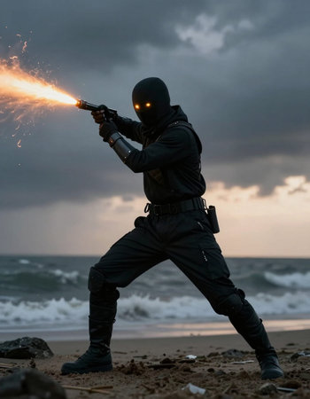 Shot of a special forces soldier holding a torch on the beach.