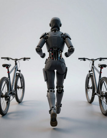 Robot and bicycles on white background. Artificial intelligence concept. 3D Rendering
