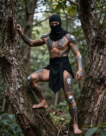 Athletic man with tattoos on his body posing in the forest