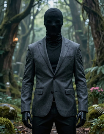 Mannequin in a rain forest wearing a black mask and suit