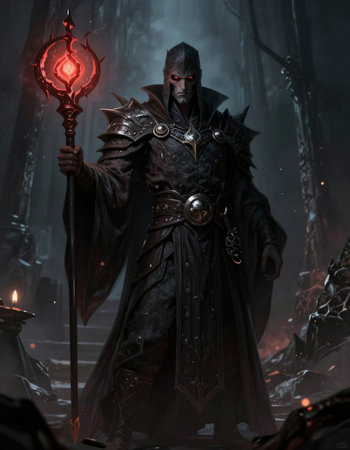 A portrait of a medieval knight in a dark room with fire and smoke