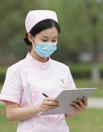 A female nurse wearing a mask and writing on a clipboard in the parkの写真素材