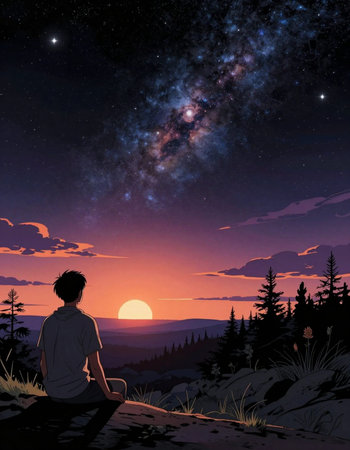 Silhouette of a man sitting and watching the Milky Way