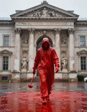 A disinfection worker wearing a red protective suit and holding a disinfectant sprayer in front of Buckingham Palace.の写真素材