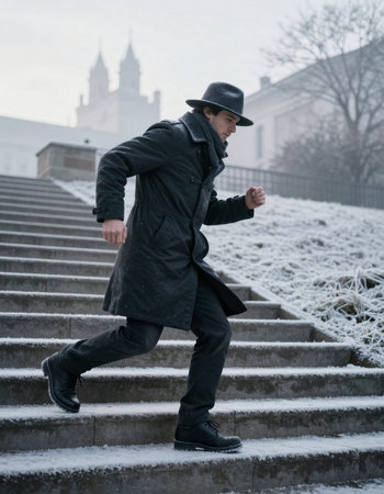 Young man in a black coat and hat running up the stairs.