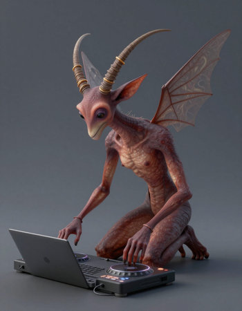 Fantasy dragon with a laptop on a gray background. 3d renderingの写真素材