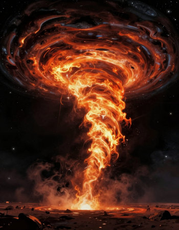 Fiery tornado in the night sky.