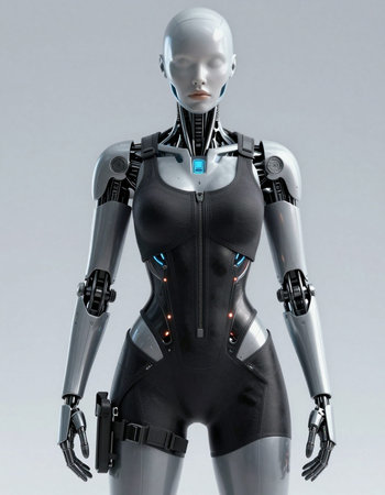 3d rendering of a female robot with cybernetic body on gray background