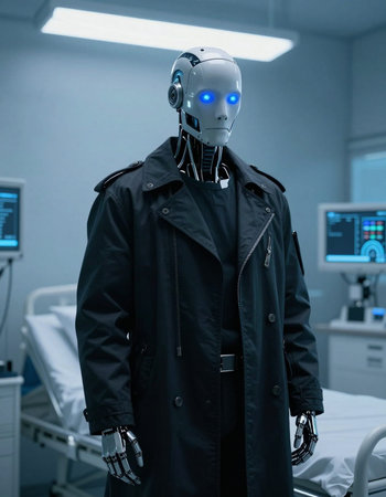 Artificial intelligence robot in the hospital ward. 3d rendering.