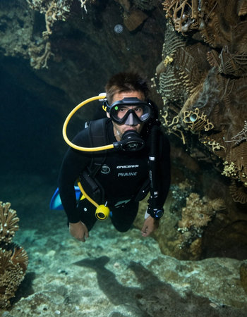 Scuba diver swimming underwater in a tropical coral reef and looking at camera