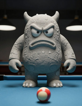 The image of a billiard table with an angry monster and a ball