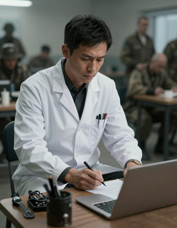 Portrait of Asian male doctor writing on notebook while sitting at desk in hospital